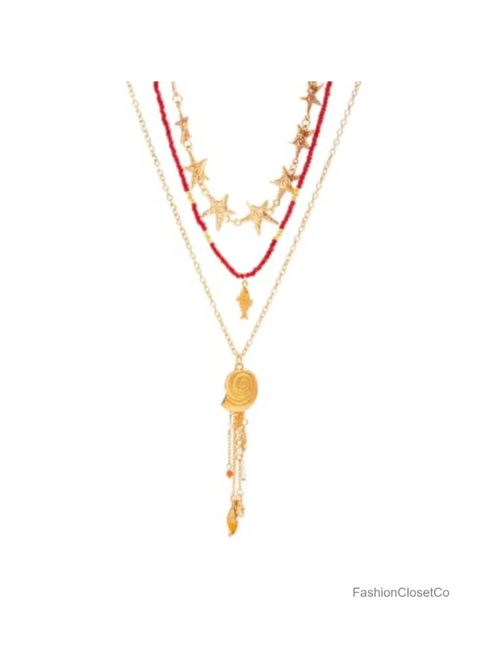 Layered Seashell Pendant Necklace Boho Beach Starfish Charm